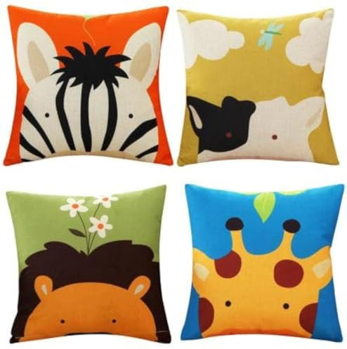ADAKEL 4 Pack Animal Cushion Covers Childrens Cushions Cartoon Throw Pillow Covers Kids Pillow Case Cover for Bedroom Home Decor,18 x 18 Inch