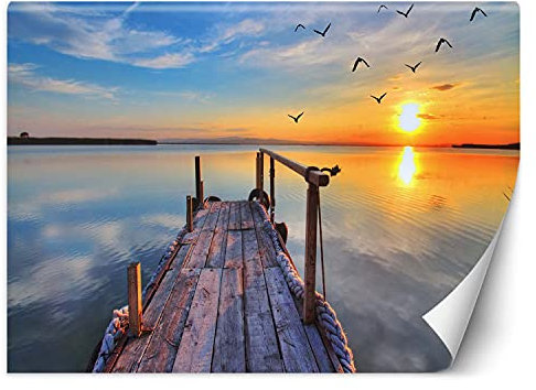 Feeby Papier Peint Intisse Jetée Oiseaux 300x210 cm orange Moderne Panoramique XXL Photo Mural Muraux Chambre Bureau Salle Coucher De Soleil Bord De Lac