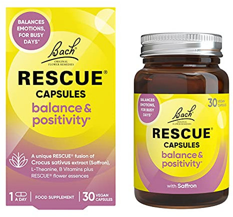 Rescue Balance and Positivity Capsules (30 Day Supply) Saffron, B5 B12 Vitamins, Flower Essences, Vegan Mood Enhancer Capsules for Emotional Balance and Busy Days