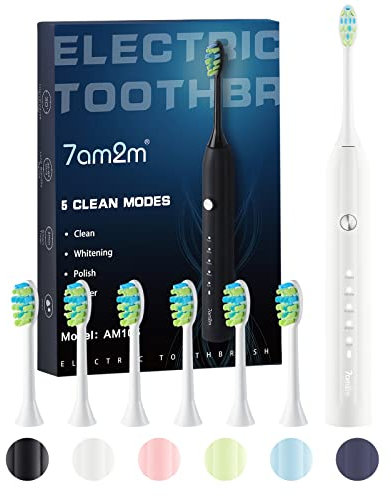 7AM2M Sonic Electric Toothbrush for Adults and Kids with 6 Brush Heads, 5 Modes with 2 Minutes Build in Smart Timer, One Charge Use for 90 Days, Rechargeable Toothbrushes (White)