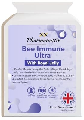 Ultra Bee Immune 60 Capsules Packed with Bee Pollen, Royal Jelly, Manuka Honey, Essential Vitamins and Minerals, Vitamin C, D & E, Zinc - Ginger Root & Elderberry - UK Manufactured