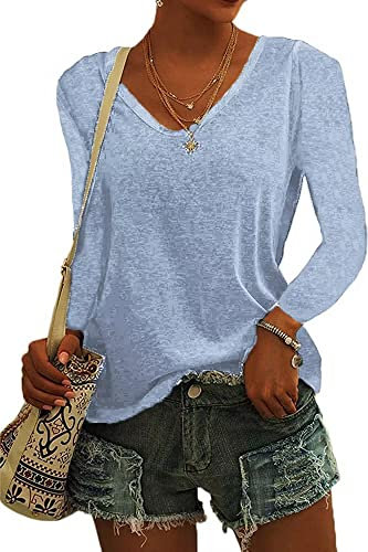 ASKSA Womens T-Shirt V Neck Tunic Tops Plain Long Sleeve Shirts Casual Loose Basic Tee Top (Light Blue,L)