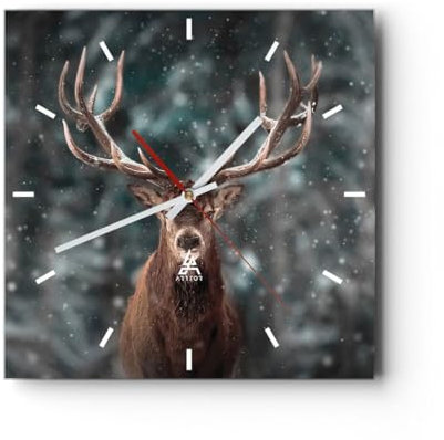 Modern Wanduhr Hirsch Hirsch Winter 30x30cm Quadrat Klein Wand Uhr Glas Analog Zimmeruhren Küche Büro Wohnzimmer Glasuhr Wall Clock Dekoration Design Wanddekoration Küchenuhr C3AC30x30-4998