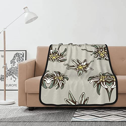 Decke, nahtloses Muster mit handgezeichnetem, farbigem Edelweiß, Warmer Flanell-Fleece-Plüsch, Sofa-Überwurfdecke als Bettdecke/Bettwäsche, 102 x 127 cm