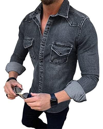 Jeans Shirt Herren Basic Slim Fit Revers Knopfleiste Casual Shirt Herren Frühling Dünnschliff Mit Taschen Langarm Shirt Herren Klassisch All-Match Outdoor Shirt Herren D-Dark Grey L
