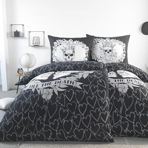 BaSaTex Microfaser Partner Bettwäsche mit Wendemotiv | 2X 155x220 Bettbezug + 2X 80x80 Kissenbezug | Mikrofaser Bettwäsche Set 4 teilig für Paare | Design: Till The Death Dark