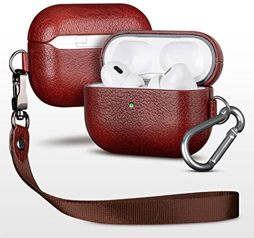 Haobobro [Veg-Tanned Series] AirPods Pro 2. Generation Hülle 2022 - AirPods Pro 2 Leder Case Leather Cover - AirPods Pro 2 Ledercase Schutzhülle - Lederhülle mit Trageband und Karabiner - Braun