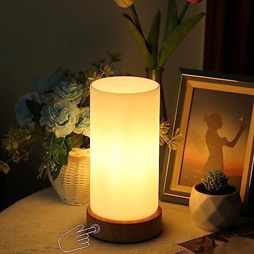 HSLighting Bedside Lamps, Touch Control Glass Table Lamp 3-Way Dimmable Wooden Grained Base Small Touch Lamps Bedside Minimalist Nightstand for Living Room Bedroom Children Room Decor with LED Bulb