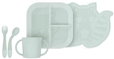 Miniland Meal Set BLW Mint. Vajilla completa para BLW que incluye plato, bol, vaso, cubiertos flexibles y mantel, fabricada en España con material de alta resistencia y diseñada para todos los niños.