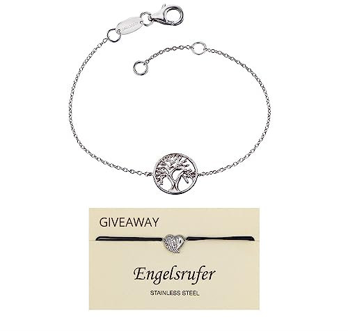 Engelsrufer Damen Armband mit Lebensbaum Anhänger aus Sterling Silber, Karabinerverschluss inkl. Armband Herzflügel aus Edelstahl, Größenverstellbar, SET ERB-LILTREE + ERJC-HEARTWING