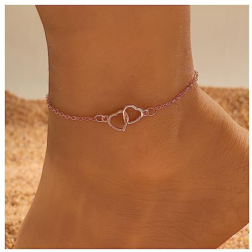 Cimenexe Bohemian Heart Ankle Chain Bracelet Gold Hollow Heart Ankle Bracelet Interlocking Heart Foot Chain Anklet Summer Beach Foot Chain Jewelry for Women and Girls