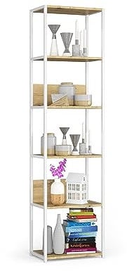 BDW Modernes Loft-Regal Aus Metall – Regal Wohnzimmer – Regal Industrial Style – 6 Einlegeböden - Industrial Möbel – Vintage Regal – Wandregal Industrial Style – 192x50x32 cm Weiss/Eiche Artisan