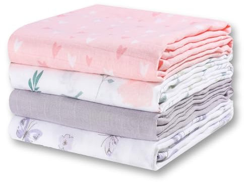 Little Grape Land Baby Pucktuch, Mulltuch 120 x 120cm 4er Set,Mullwindeln Babydecken für Junge und Mädchen, Spucktücher Baby, Musselin Babydecke Swaddle für Neugeborene, (Rosa)