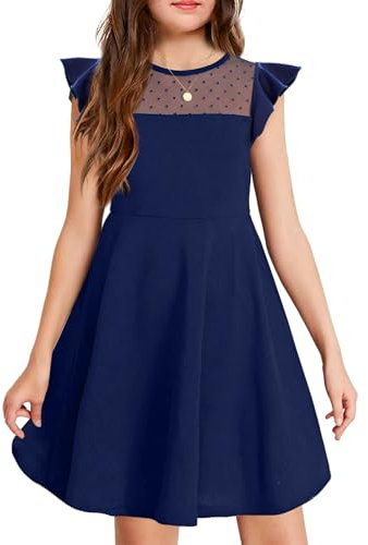 Arshiner Ragazze Abito Tinta Unita Manica Svolazzante Maglia A Line Skater Abito da Festa Vestito Estivo con 2 Tasche Laterali Abiti Estivi Casual 11-12T Blu Navy 150