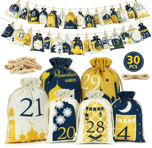 Calendrier du Ramadan 2025,30 calendriers du Ramadan pour remplissage en tissu,2 tailles de sacs de calendrier de l'Avent Ramazan pour enfants, décoration du Ramadan, calendrier vide de l'Aïd Moubarak