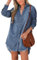 CUPSHE Women Denim Shirt Mini Tunic Dress Casual Oversized Autumn Long Sleeve Frayed Hem Tops Blouse with Pockets Dark Blue M