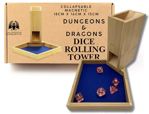 Grinning Gargoyle 18cm Bamboo DnD Dice Tower Collapsible - Portable Magnetic Wooden DND Accessory - Perfect for Role-playing and Tabletop Games - Noise Dampening Wood Dice Rolling Tray - RPG Gifts