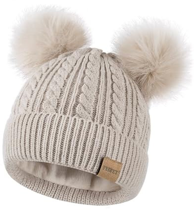 FISFET Mütze Damen Winter mit Doppelter Bommel, Damen Mütze Winter Warme Kaltes Wetter Strick Fleece Gefüttert, Beanie Mütze Damen für den Täglichen Gebrauch(Haferflocken)