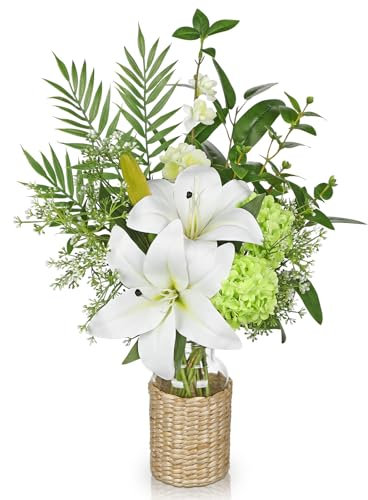 Hollyone Giglio artificiale bianco con vaso di vetro finto giglio di tigre con pianta verde in vaso fiori artificiali giglio moderno decorazione per la casa centrotavola versatile decorazione da