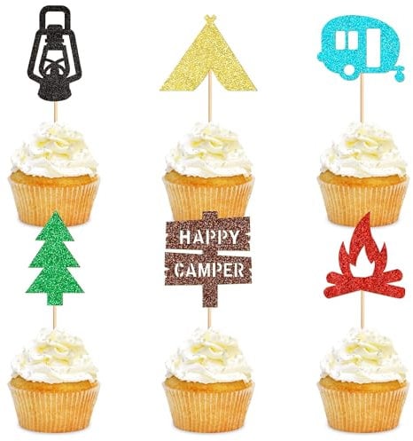 24Pcs Happy Camping Cupcake Toppers Bear Campfire Tents Camping Cupcake Toppers Happy Birthday Parties Children Birthdays Baby Shower Supplies
