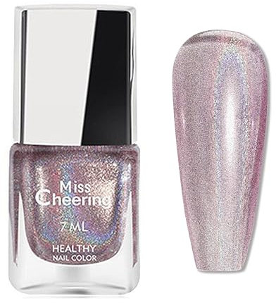 Pink Holographic Nail Polish - Pale Pink Nail Varnish Quick Dry - Sheer Glitter nail Polish - Breathable Chrome Nail polish No Bake - Iridescent Nail Polish with Shiny Laser Finish