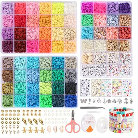 Qikuver Perlen zum Auffädeln, 8230 Stück Perlen Set, 60 Farben Geschenk Mädchen Perlen Set, Polymer Clay Perlen DIY Schnüren Perlen Ketten für Halskette Armband Ohrringe Schlüsselanhänger Mädchen