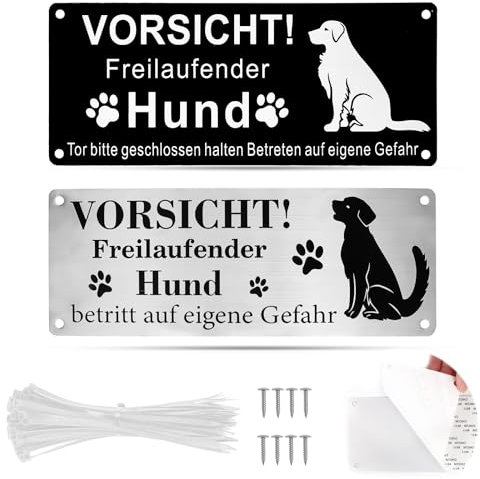 Vorsicht Hund Schild 2 Stück Achtung Hund Schild Hundeschilder Warnung Vorsicht Freilaufender Hund Schild 25x9cm Selbstklebend Warnschild Hund Aluminium mit Löchern Schrauben Kabelbinder