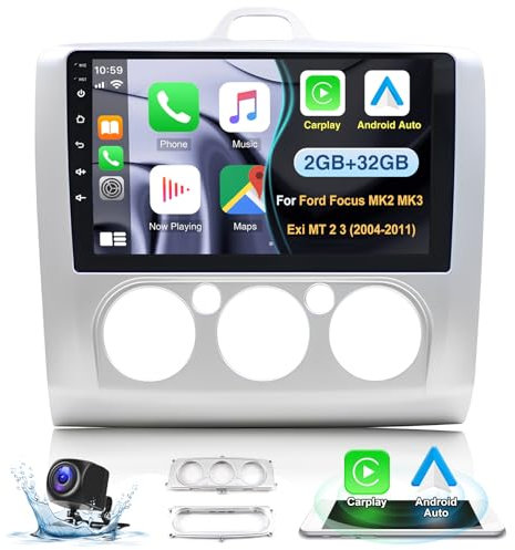2G+32G Radio Coche Carplay para Ford Focus Exi MT 2 3 Mk2/Mk3 (2004-2011) - Android 13 Radio 2 DIN Pantalla de 9 Pulgadas con Android Auto Bluetooth GPS HiFi WiFi FM/RDS+Cámara Trasera