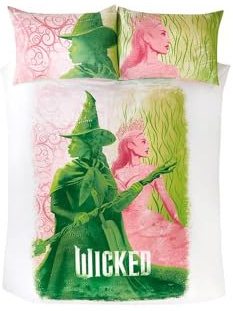 dreamtex Wicked Glenda & Elphaba Reversible 2 in 1 Design Double Duvet Cover and Pillowcase Set - Polycotton Material -Washable Perfect for Children, Kids, Girls in a Pink and Green Colorway