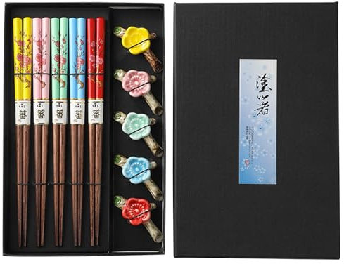 5 Paires Baguette Sushi Baguettes En Bois, Baguettes Japonaises Reutilisable Baguettes Baguettes De Lapin Avec Boîte Cadeau Baguettes (Baguettes en fleur de prunier)
