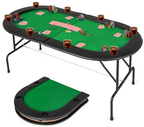 COSTWAY 8 Player Foldable Poker Table, 182cm Folding Blackjack Texas Holdem Poker Tables with 8 Cup Holders, Padded Rails, Portable Oval Card Board Game Table, Fully Assembled