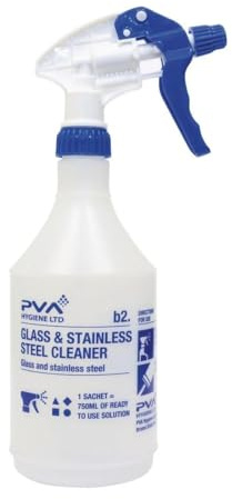 PVA Hygiene Glass & Stainless Steel Labelled Empty Trigger Bottle, 750ml | Pre-labelled for quick identification in busy commercial environments, helping to prevent cross-contamination.
