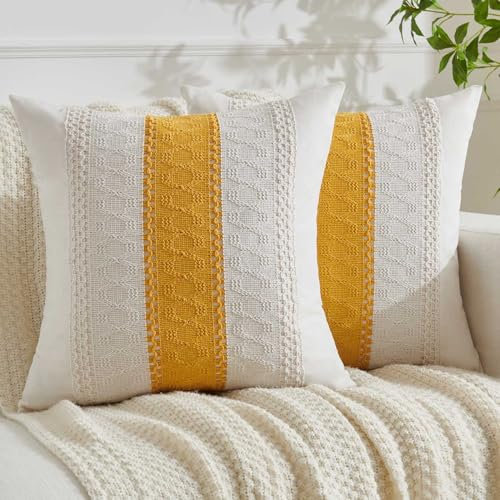 Jayusaror Kissenbezug 50x50 Gelb Boho Makramee Baumwolle Leinen Kissenbezüge Sofakissen Landhausstil Kissenhüllen Dekokissen Kissen Modern Zierkissenbezug für Sofa Wohnzimmer 2er Set