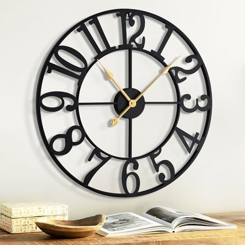 Jassurance 14IN Arabic Wall Clocks Battery Operated Black, Silent Metal Wall Clock for Living Room Decor, Kitchen Wall Clock Decorative