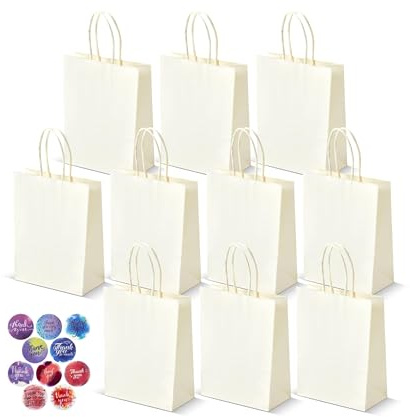 HURUC White Paper Party Bags with Handles 10 Pack 120 GSM | White paper bags for birthdays, baby showers, weddings, easter, party favours and gift bags.