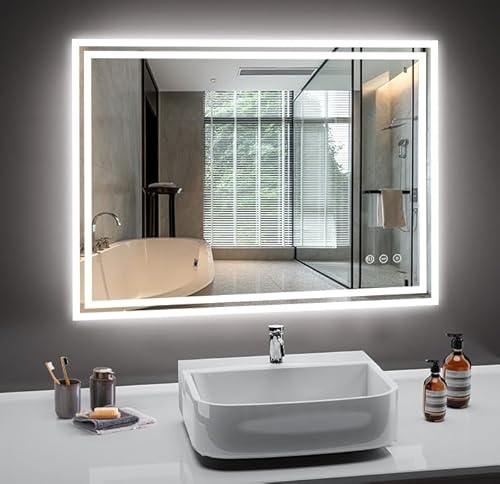 PESENXAN Badspiegel mit Beleuchtung 80x60cm, LED Spiegel Bad mit Steckdose, 3 Lichtfarben Dimmbar, Anti-Beschlag, Badezimmer Spiegel mit Beleuchtung Touchschalter, Explosionsgeschütztes Glas