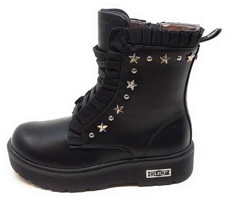 Anfibio Cult T-388 Stivali Combat,Pelle Nera con Borchie a Stella,Suola ergonomica,Lacci e pratica Zip Laterale (Nero, Sistema Taglie Calzature EU, Adolescente, Numero, Media, 33)