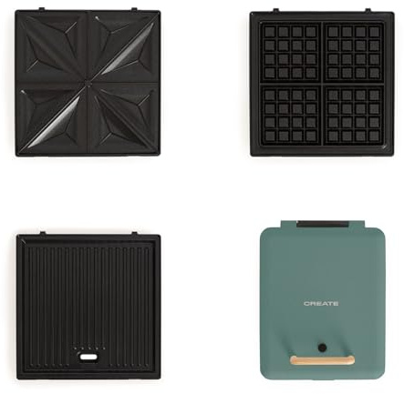 CREATE/STONE STUDIO/Sandwich-Grill et gaufrier quadruple vert sauge / 3 plaques interchangeables : Grill, Gaufre et Sandwich, revêtement antiadhésif, ouverture 180º, 4 tranches, rétro, 1600W