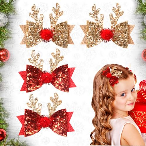 QYLPZ Christmas Hair Clips, 2 Pairs Reindeer Antlers Headdress With Christmas Hair Bows for Girls Women, Xmas Party Hair Accessories (Gold Red)