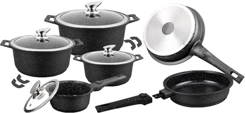 Lot Batterie de Cuisine Induction 13 Pièces – Poêles, Marmites & Casseroles en Fonte d’Aluminium – Manches Amovibles – Revêtement Céramique Antiadhésif Sans PFOA/PFAS – Tous Feux + Couvercles Verre