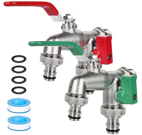 GOMETY Set di 2 rubinetti da giardino, ingresso da 1/2 pollici, rubinetto da giardino Premium da 1/2, doppio rubinetto con 4 connettori per tubi di uscita da 3/4, 2 nastri di tenuta, antigelo doppio