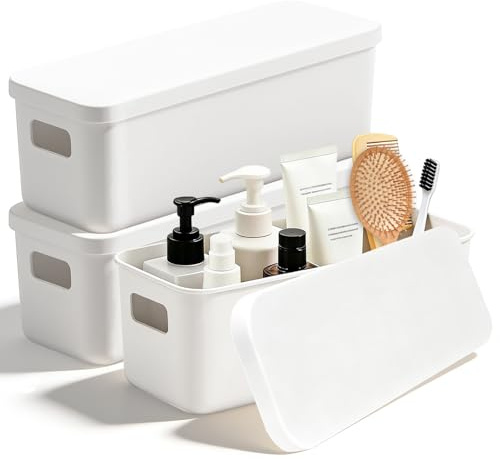 ZYETGH Aufbewahrungsbox mit Deckel, 3 Stück Kunststoff Aufbewahrungsboxen 28 × 9 × 10 cm Weiß Klein Aufbewahrungskorb mit Griffen Vielseitige Ordnungsboxen für Küche Home Bad Schubladen