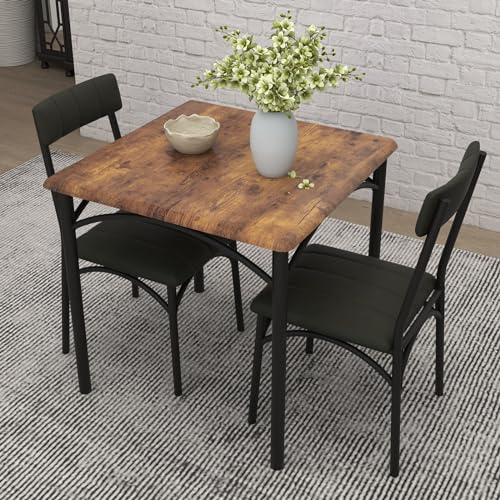 GarveeMore 3-Teiliges Esszimmer Set für 2 Personen, Esstisch klein & 2 Gepolsterte Stühle, Metall & Holz Design, Kleiner Küchentisch Tisch Essgruppe Mit 2 Stühlen für Kleine Räume Küche, Retro Braun