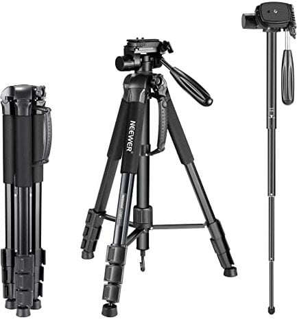 NEEWER Treppiede monopiede portatile in lega di alluminio con testa pan girevole a 3 vie, borsa da transporto per fotocamera e video camcorder, Nero (black), 177 cm