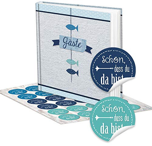 Logbuch-Verlag Gästebuch Fische blau weiß mit Sticker Schön, dass du da bist Deko Kommunion Taufe Konfirmation