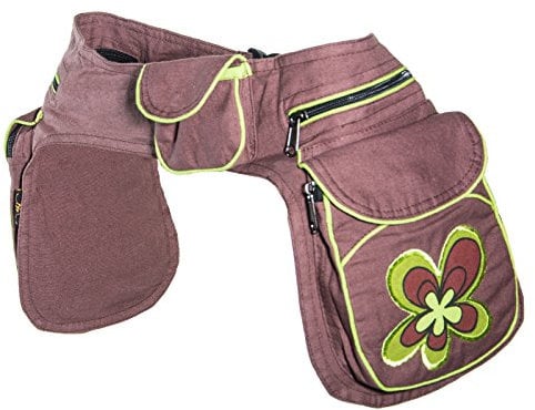 Kunst und Magie Doppel Bauchtasche Sidebag Gürteltasche Festivaltasche, Farbe:Braun/Lemon