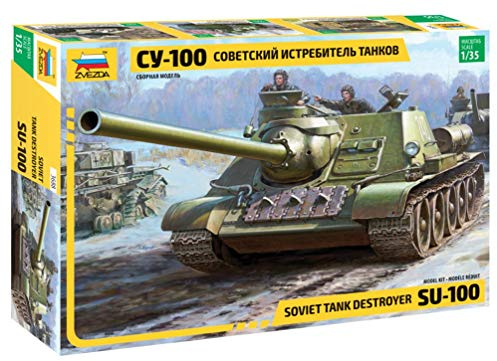 Zvezda 500783688-1:35 SU-100 Soviet Tank Destroyer WWII, Model Building Kit, Standing Model Building, Hobby, Crafts, Plastic Kit, Unpainted, 11 Inch