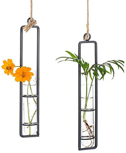 Sziqiqi Kreativer Glasvase aus Schmiedeeisen, Hängender Behälter für Wasserkultur, Hängende Flasche Reagenzglas für Blumen, Hängende Betriebsdekoration im Wohnzimmer Garten, Schwarz
