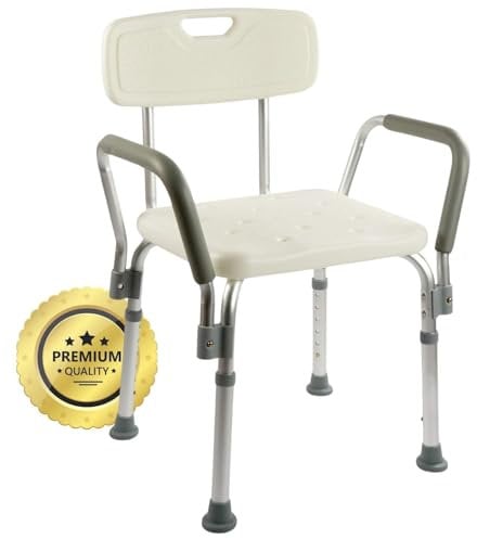 OrtoPrime Silla Ducha con Respaldo Extraíble - Taburete Baño Ortopédico Adultos y Niños - Reposabrazos Acolchados - Regulable 6 Alturas - Asiento de Aseo Cómodo y Seguro