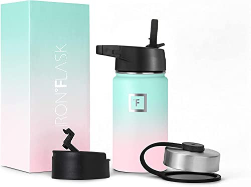 Iron Flask - Borraccia sportiva da 400 ml, 3 coperchi (coperchi con cannuccia), in acciaio inox isolato sottovuoto a prova di perdite, a doppia parete, termica, in metallo